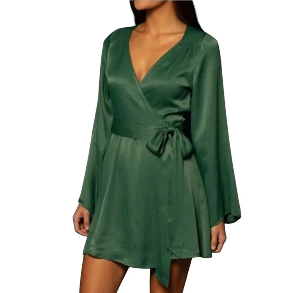 SHORE Emerald Green Satin Wrap Dress Bell Sleeve Tie Waist Mini Sz Large NWT$238 - Picture 5 of 10